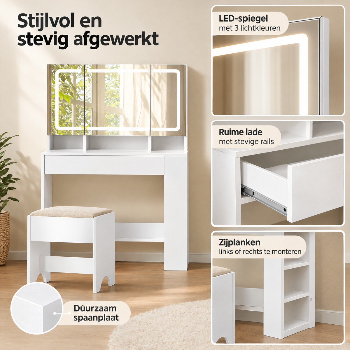 Detail van materiaal en afwerking van kaptafel met led spiegel