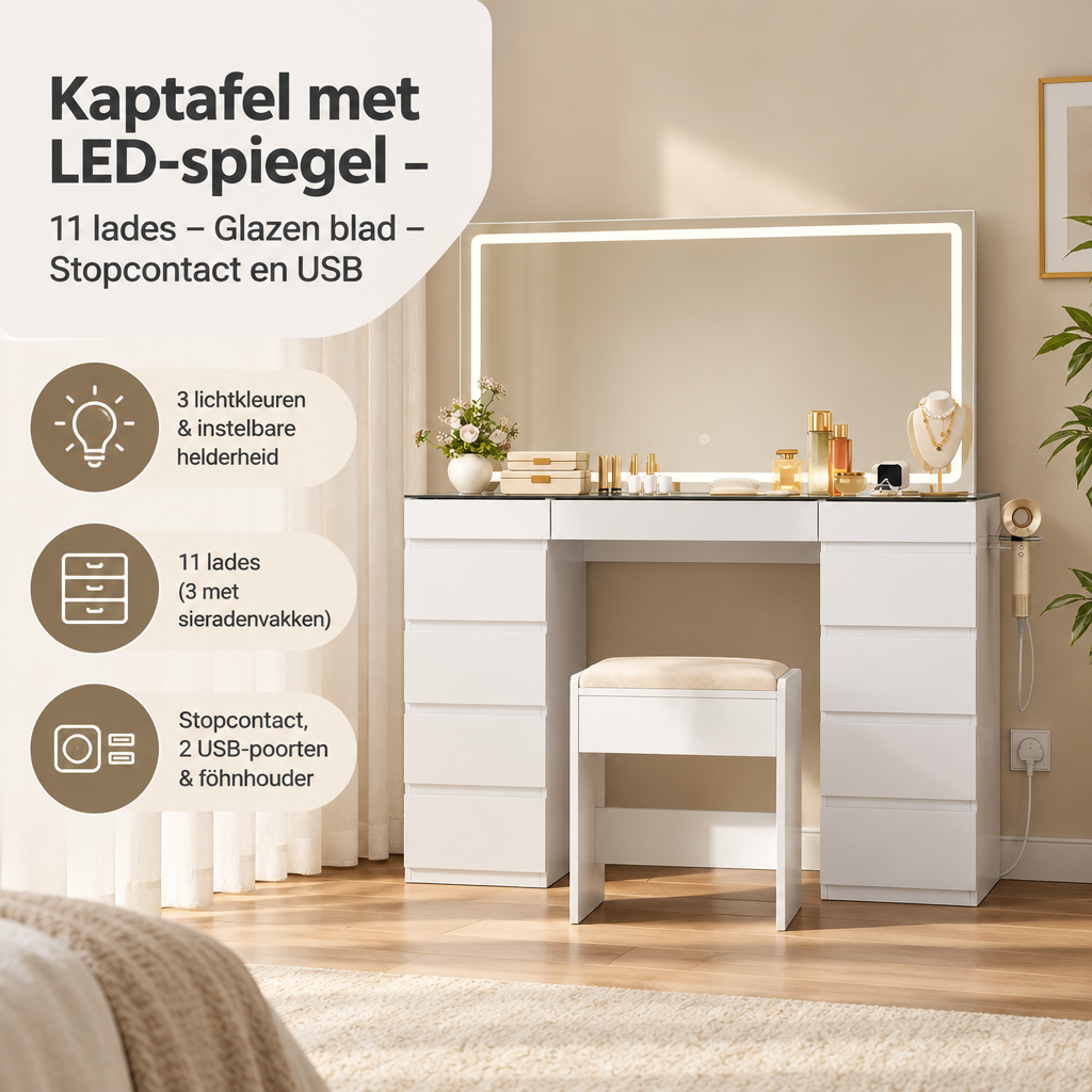 Praktische toepassing en keuzehulp voor kaptafel met LED-spiegel