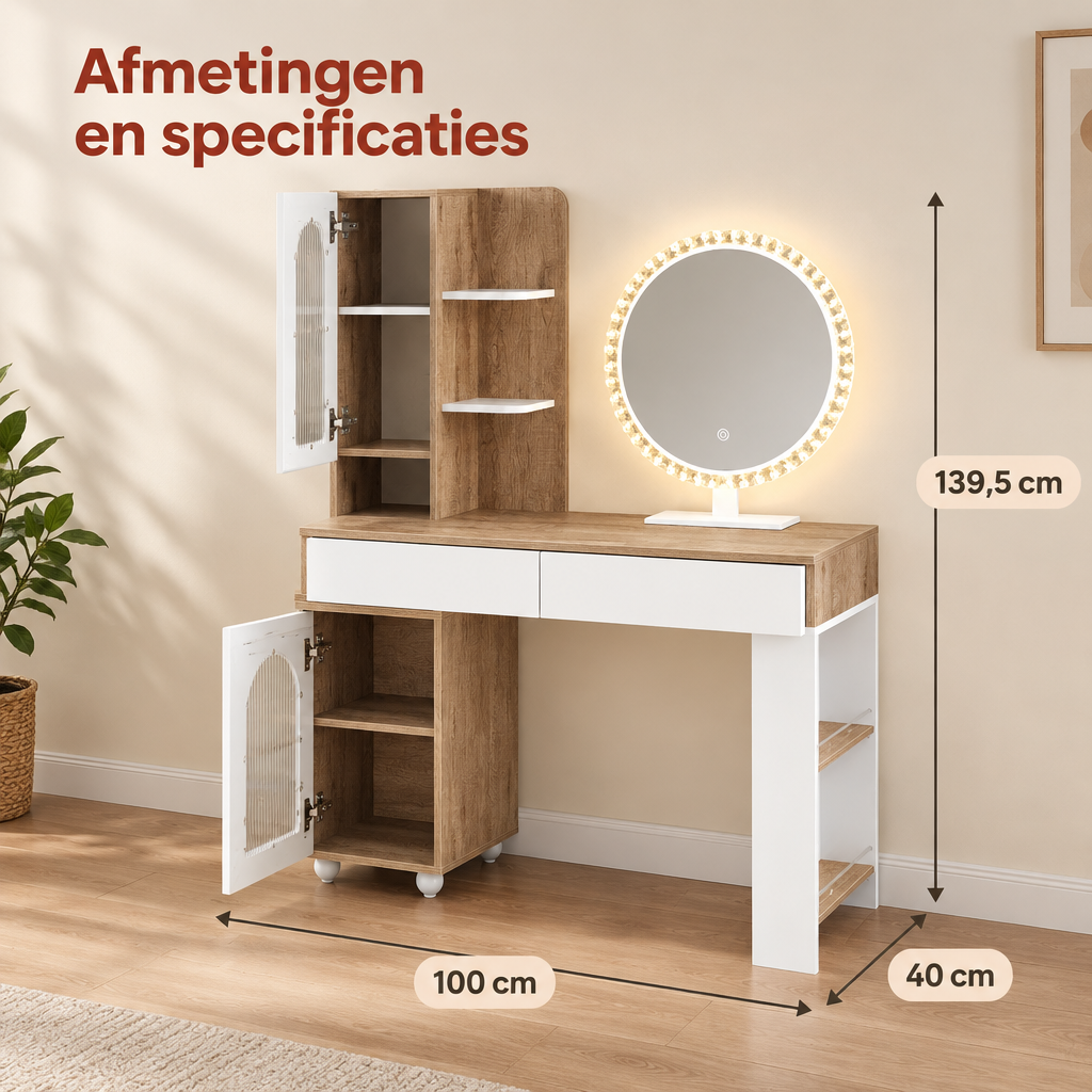 Afmetingen en productspecificaties van kaptafel met LED-spiegel