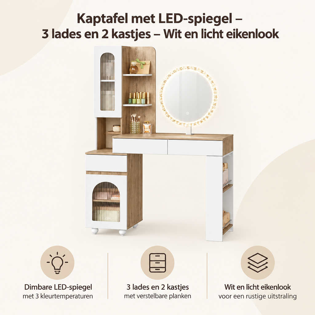 Overzicht van kaptafel met LED-spiegel met de belangrijkste productvoordelen
