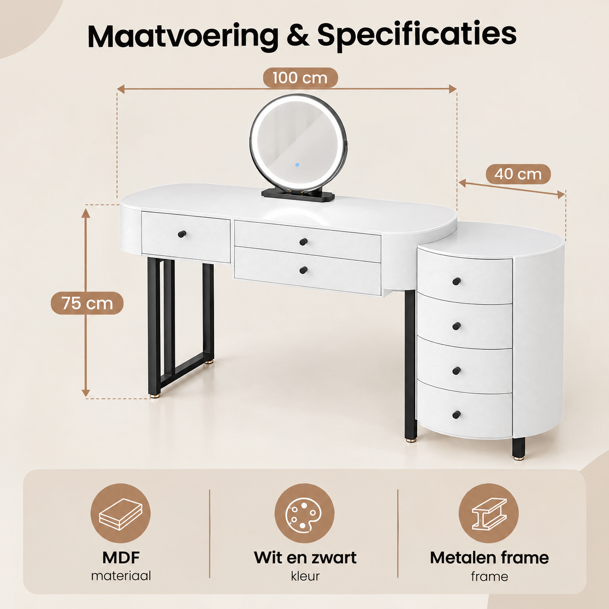 Afmetingen en productspecificaties van kaptafel met LED-verlichting