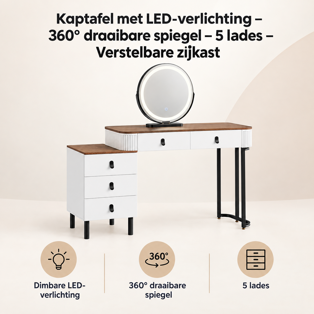 Overzicht van kaptafel met LED-verlichting met de belangrijkste productvoordelen