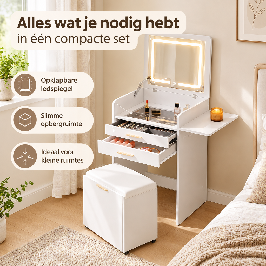 Praktische toepassing en keuzehulp voor kaptafel met ledspiegel