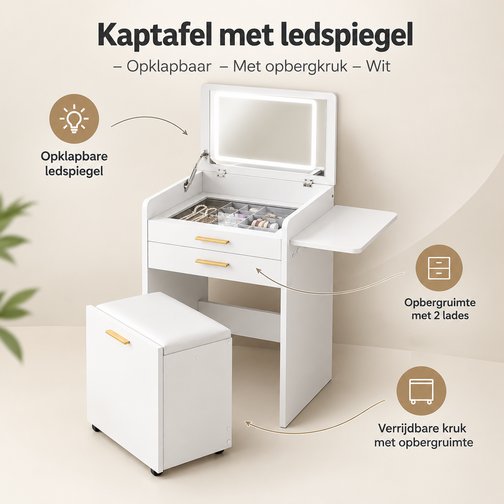 Overzicht van kaptafel met ledspiegel met de belangrijkste productvoordelen