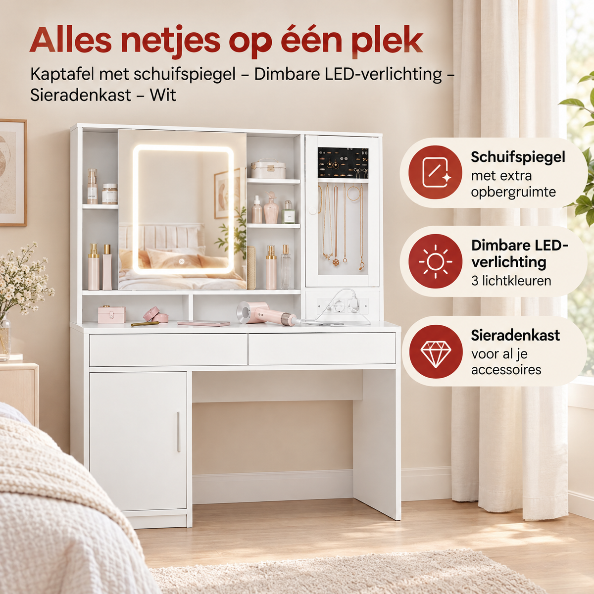 Praktische toepassing en keuzehulp voor kaptafel met schuifspiegel
