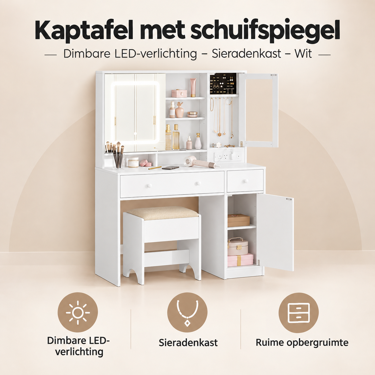 Overzicht van kaptafel met schuifspiegel met de belangrijkste productvoordelen