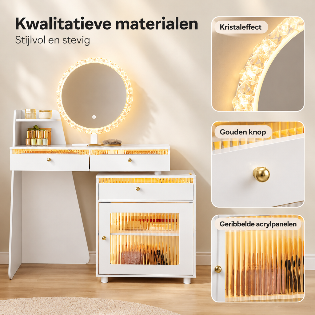 Detail van materiaal en afwerking van kaptafel met spiegel en verlichting