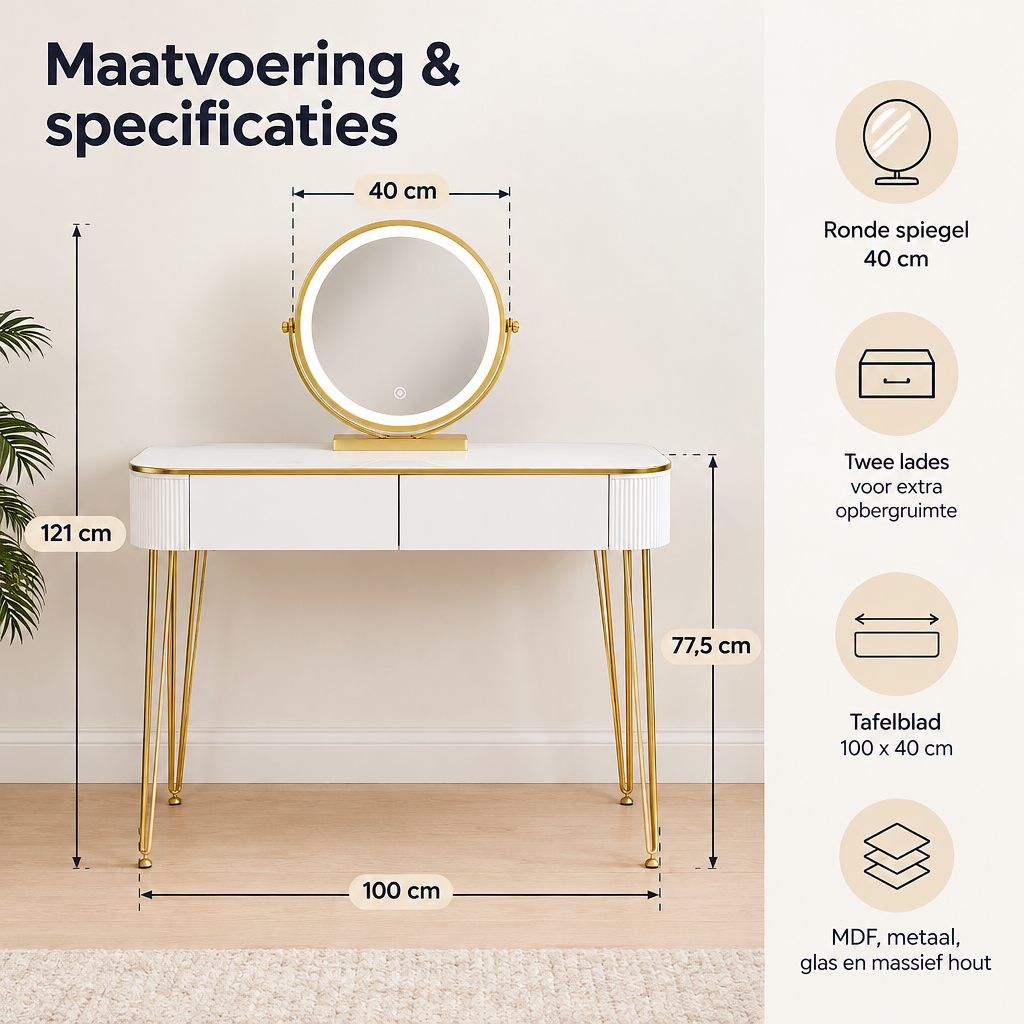 Afmetingen en productspecificaties van kaptafel met spiegel en verlichting