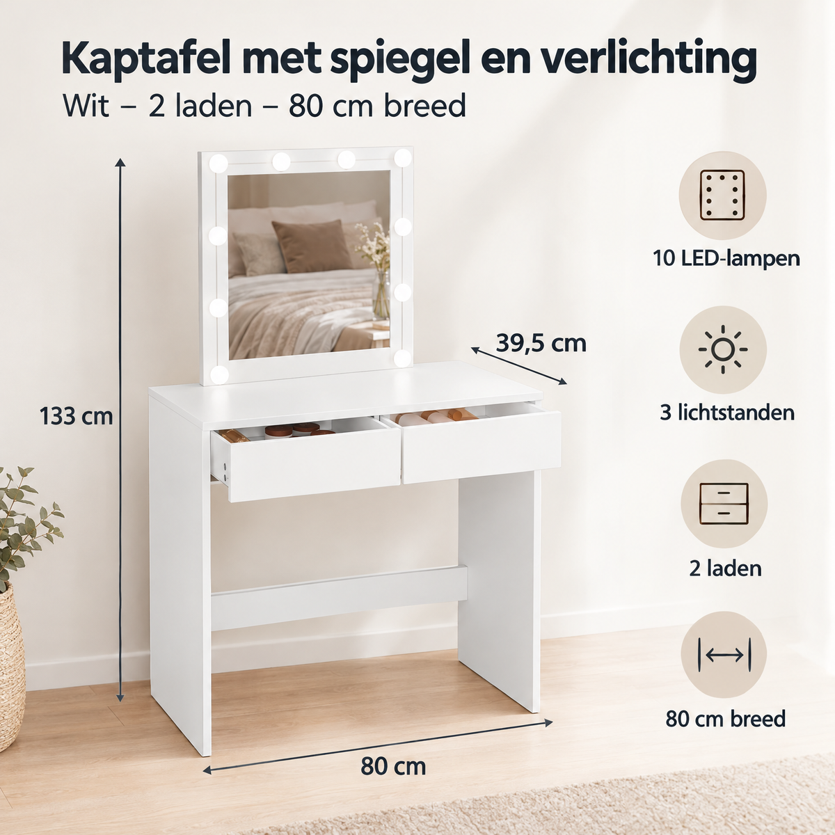 Afmetingen en productspecificaties van kaptafel met spiegel en verlichting