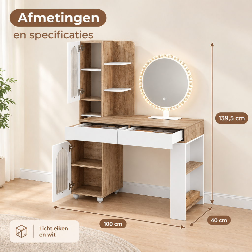 Afmetingen en productspecificaties van kaptafel met spiegel en verlichting