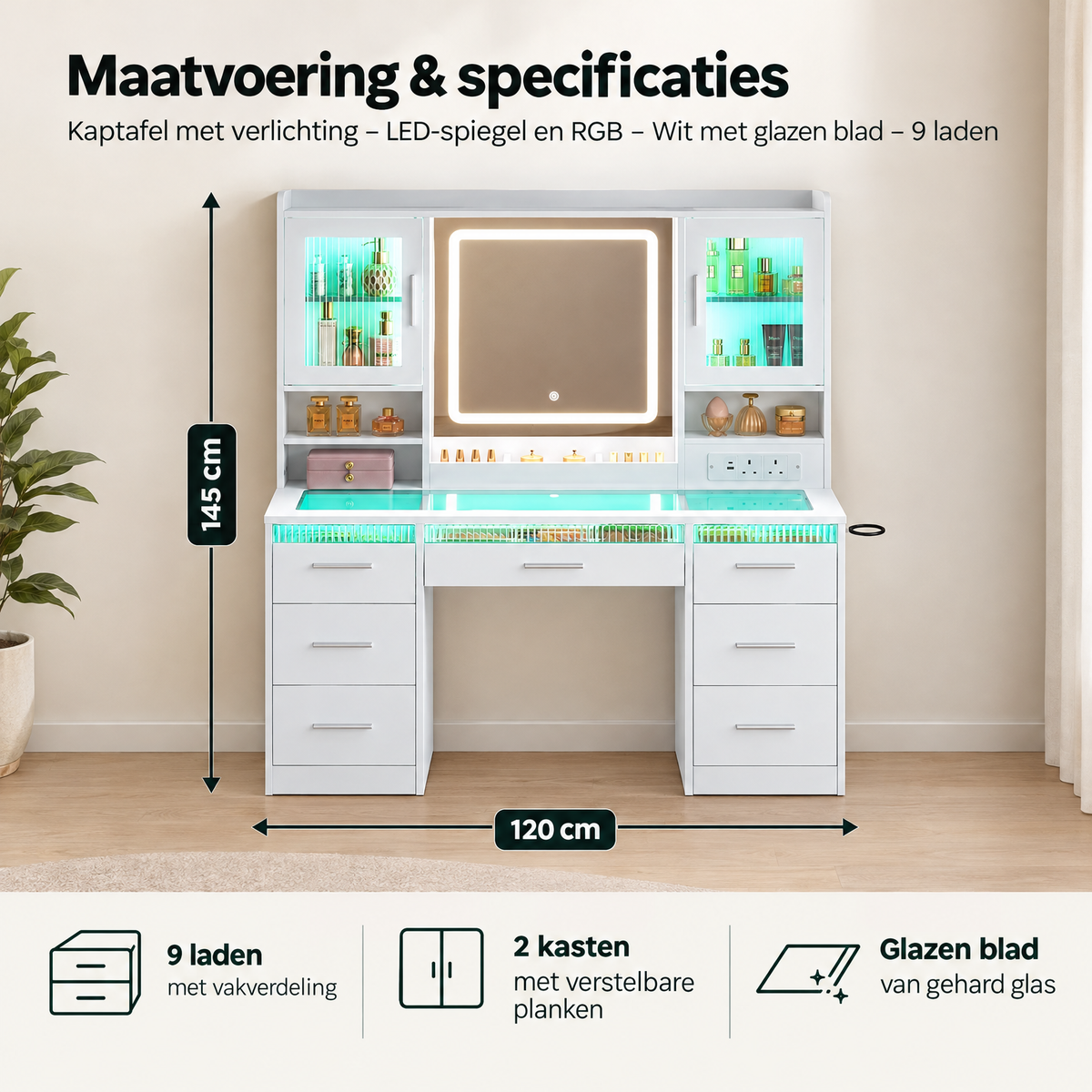 Afmetingen en productspecificaties van kaptafel met verlichting
