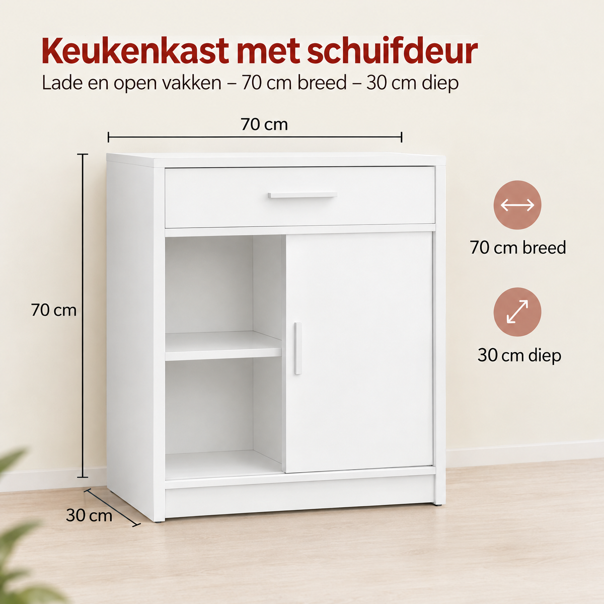 BukkitBow keukenkast met schuifdeur, 70 cm breed en 30 cm diep, met lade en open vakken voor keukenopslag.