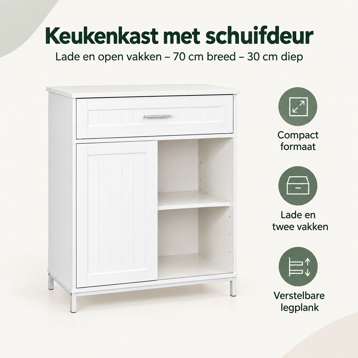 BukkitBow keukenkast met schuifdeur, 70 cm breed, 30 cm diep, met lade en open vakken, overzicht van kernvoordelen