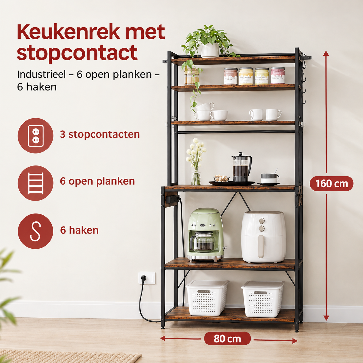 Afmetingen en productspecificaties van keukenrek met stopcontact