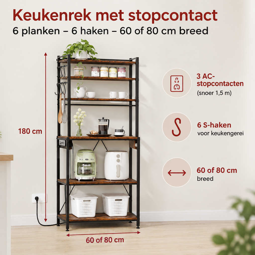 Afmetingen en productspecificaties van keukenrek met stopcontact