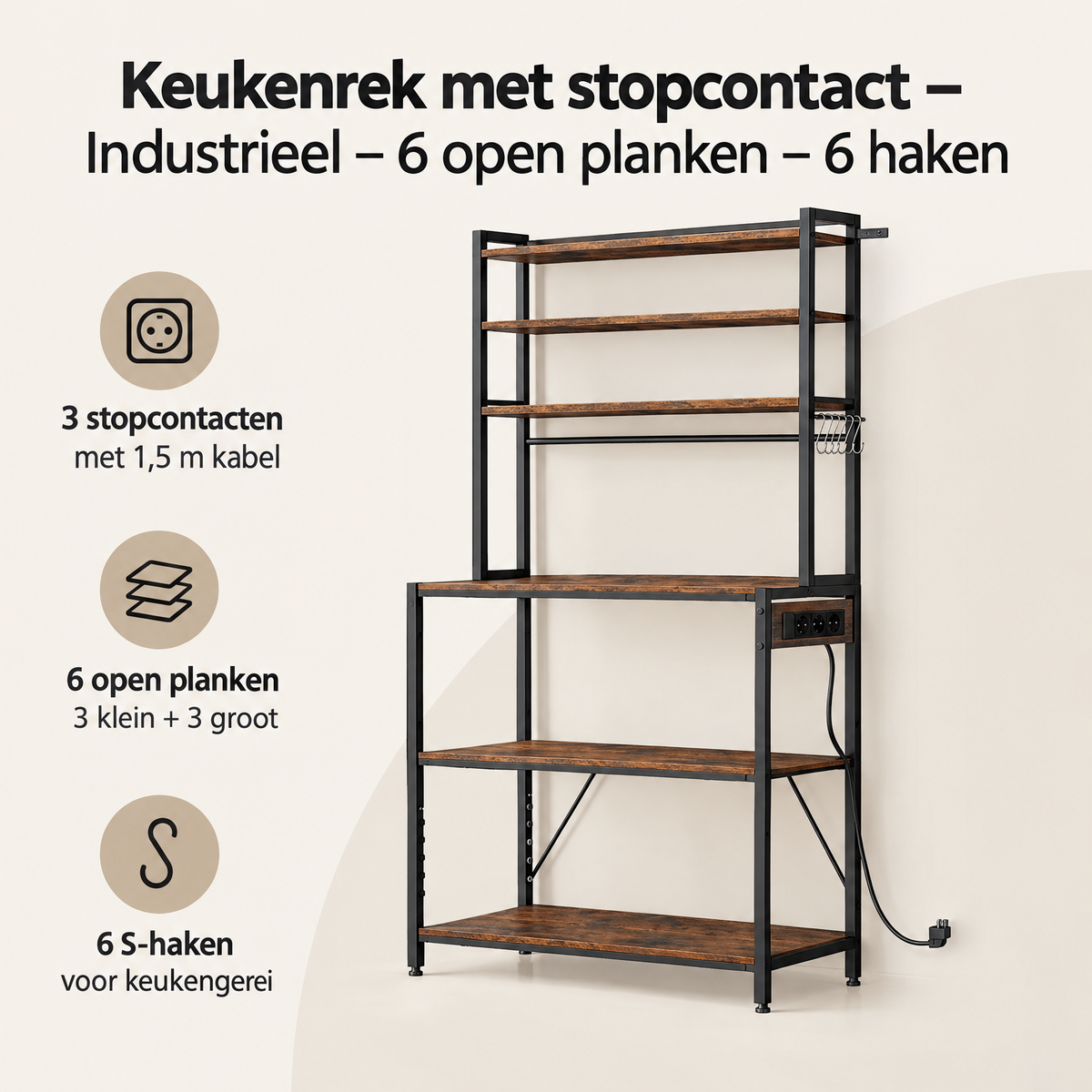 Overzicht van keukenrek met stopcontact met de belangrijkste productvoordelen