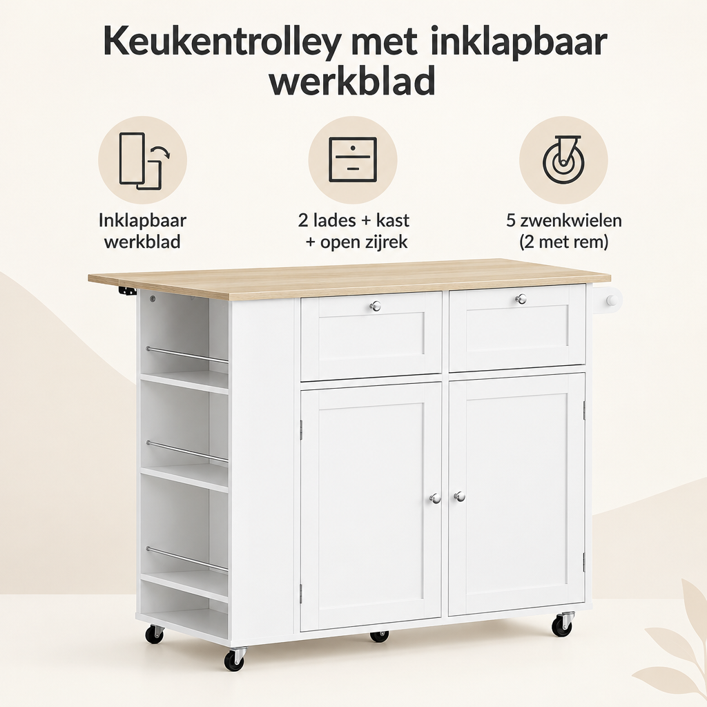 Overzicht van keukentrolley met inklapbaar werkblad met de belangrijkste productvoordelen