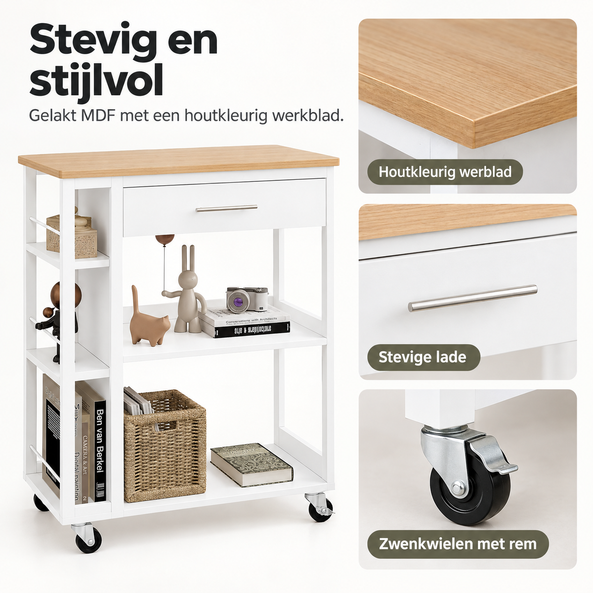 Detail van materiaal en afwerking van keukentrolley met werkblad