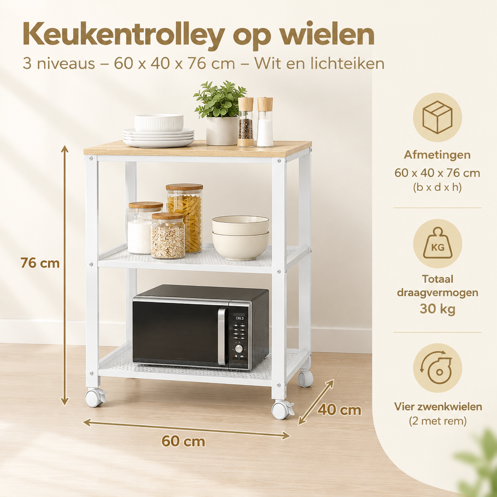 Afmetingen en productspecificaties van keukentrolley op wielen