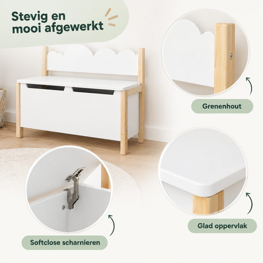 Detail van materiaal en afwerking van kinderbankje met opbergruimte