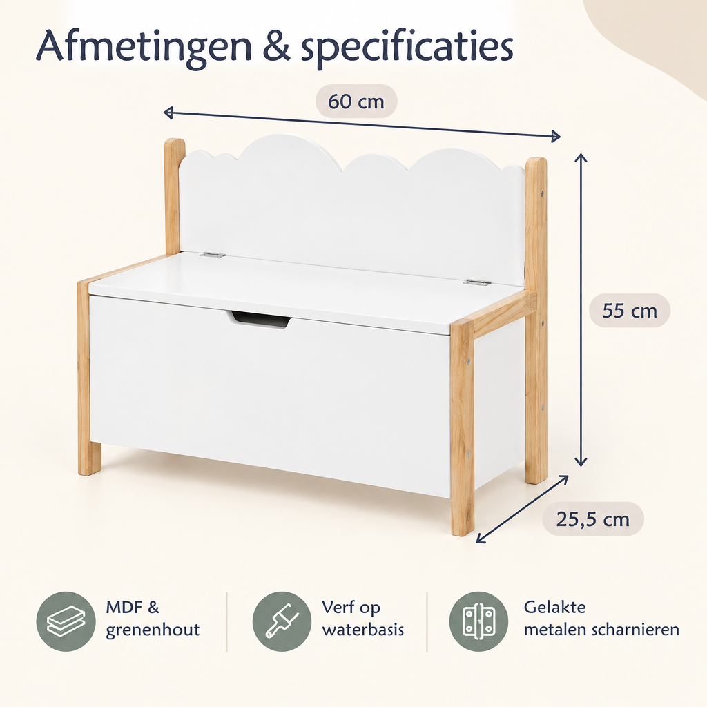 Afmetingen en productspecificaties van kinderbankje met opbergruimte