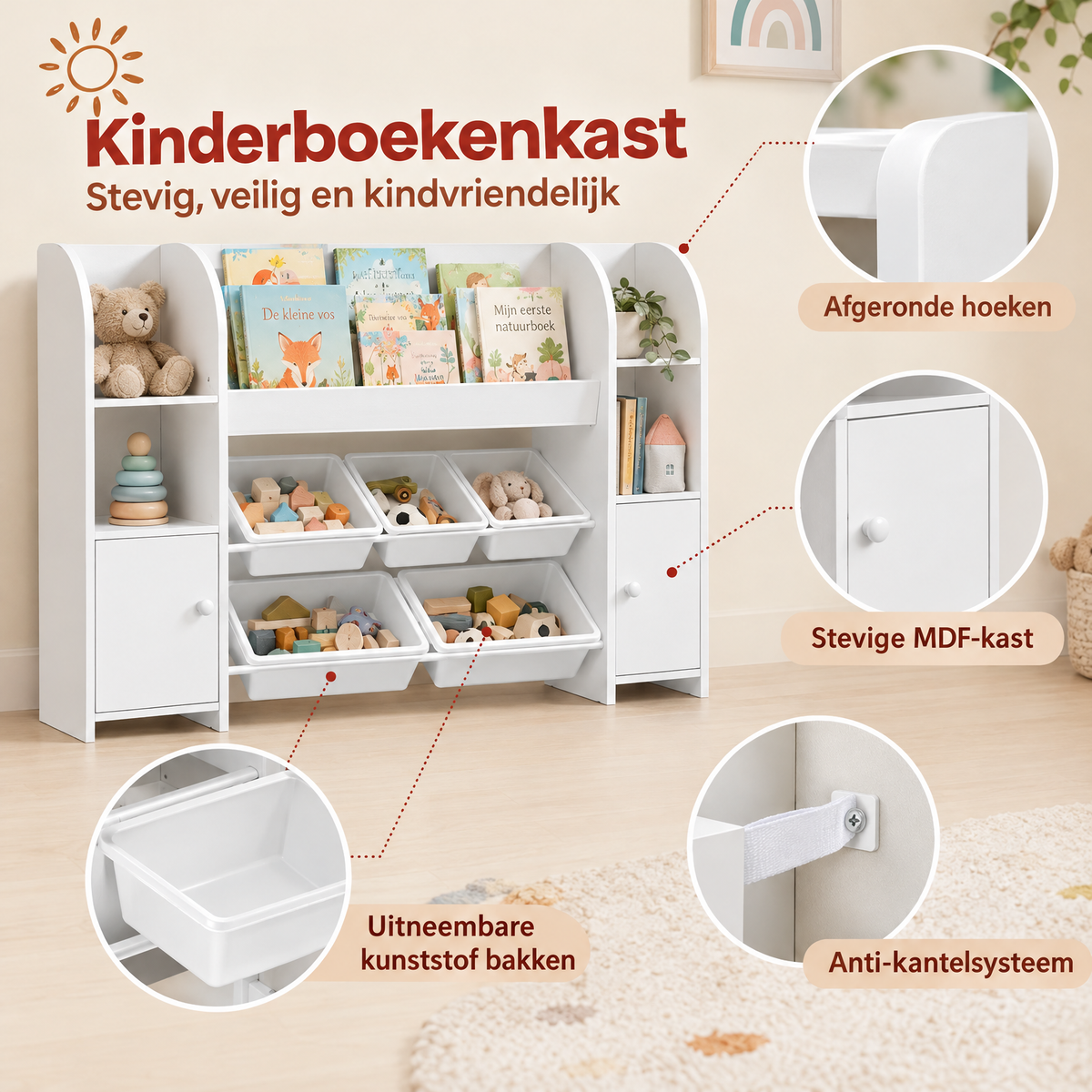 Detail van materiaal en afwerking van kinderboekenkast