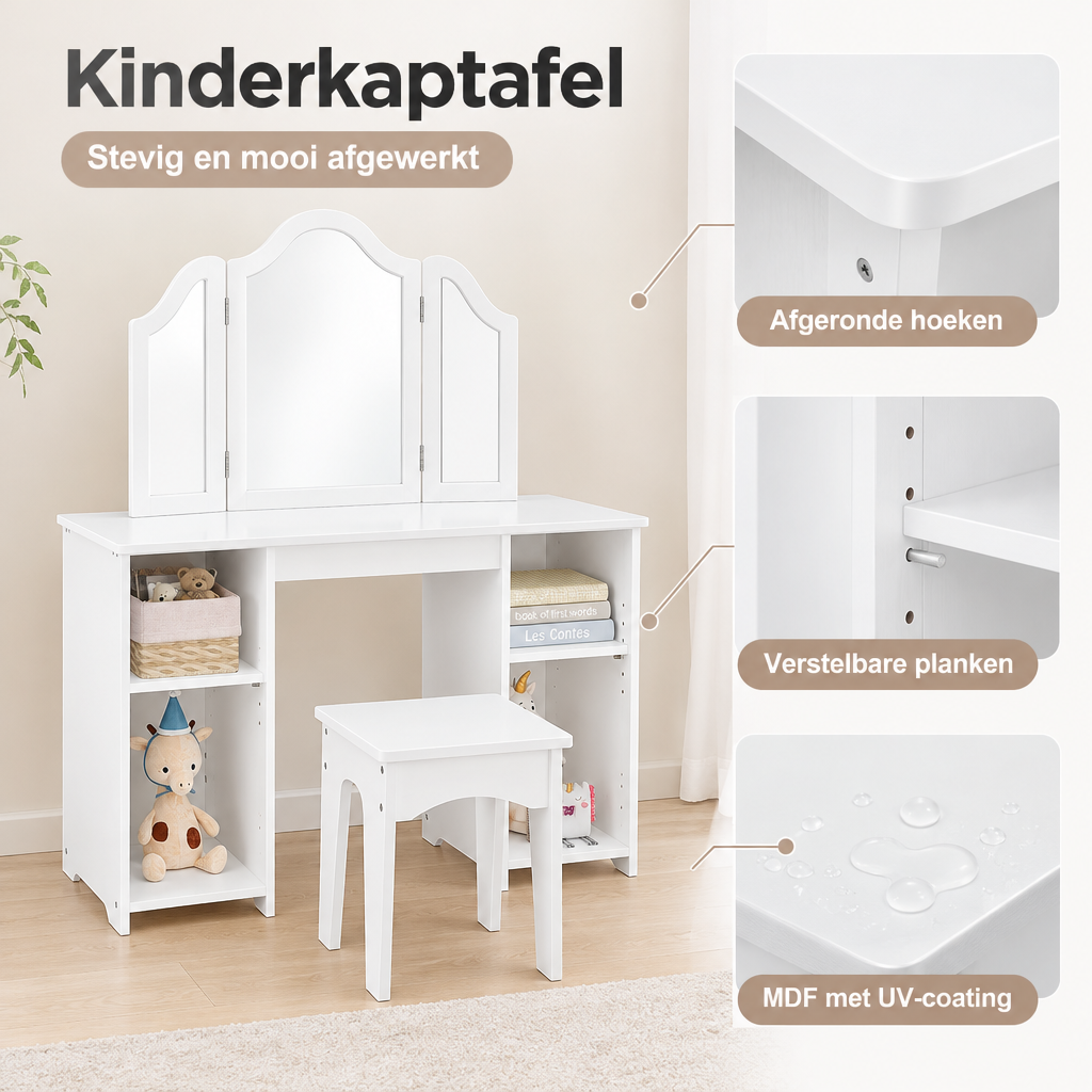 Detail van materiaal en afwerking van kinderkaptafel