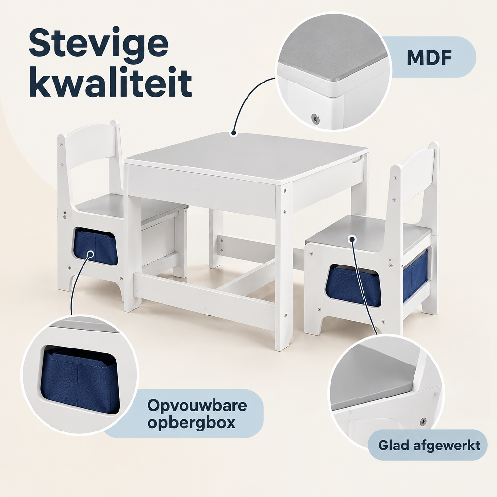 Detail van materiaal en afwerking van kindertafel met 2 stoelen