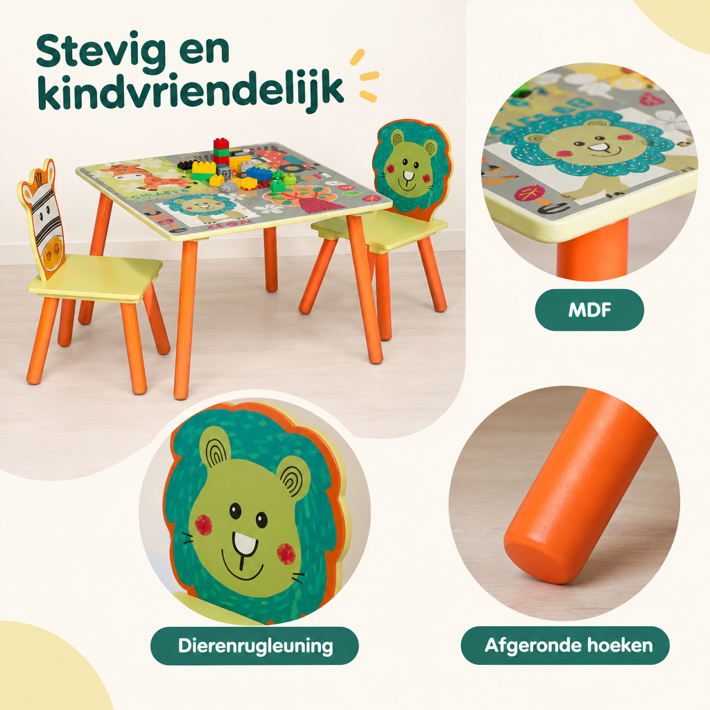 Detail van materiaal en afwerking van kindertafel met 2 stoelen