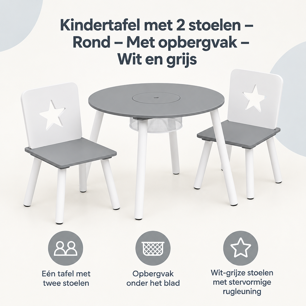 Overzicht van kindertafel met 2 stoelen met de belangrijkste productvoordelen