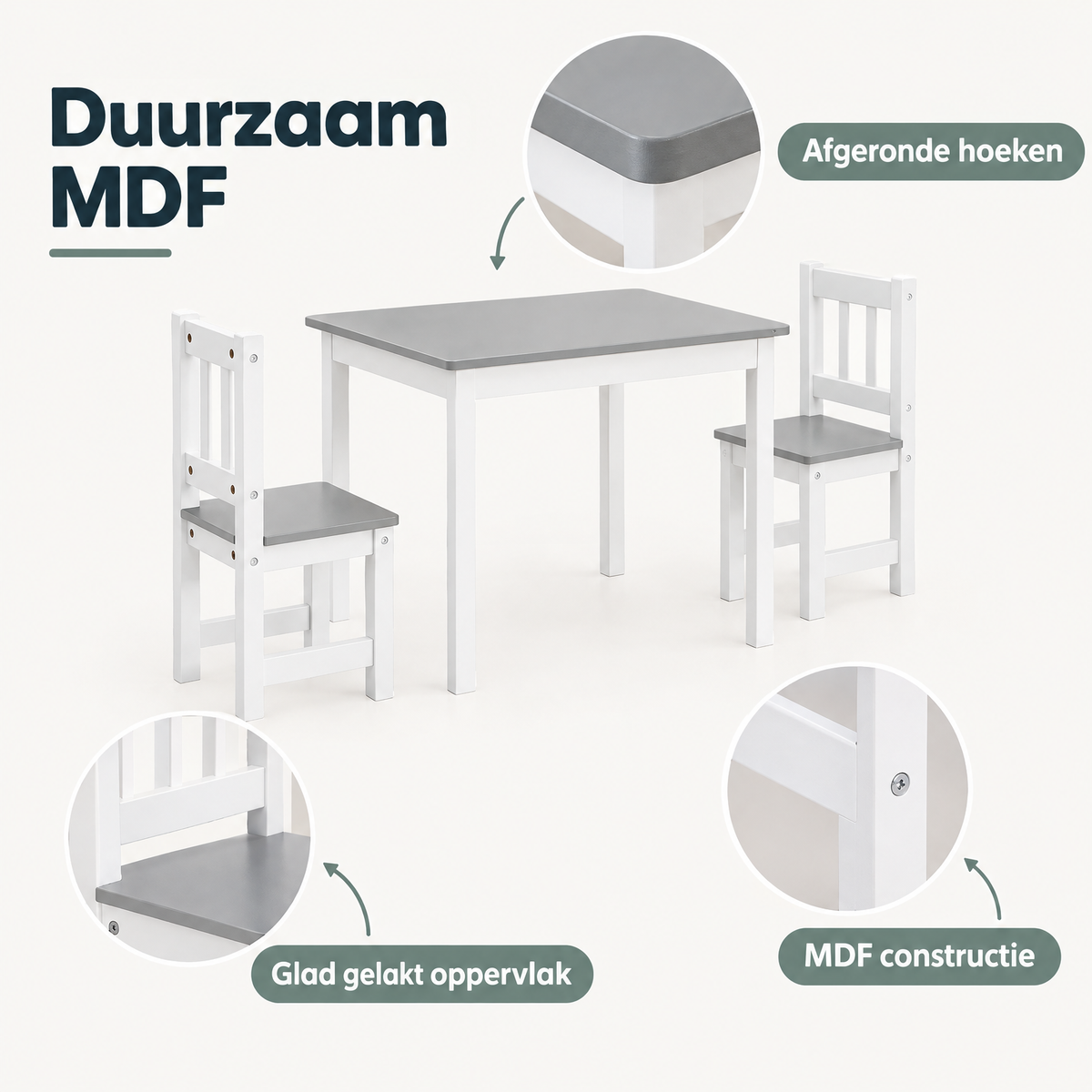 Kinder tafel met 2 stoeltjes van MDF, geschikt voor kinderen vanaf 2 jaar, met detail van materiaal en afmetingen.