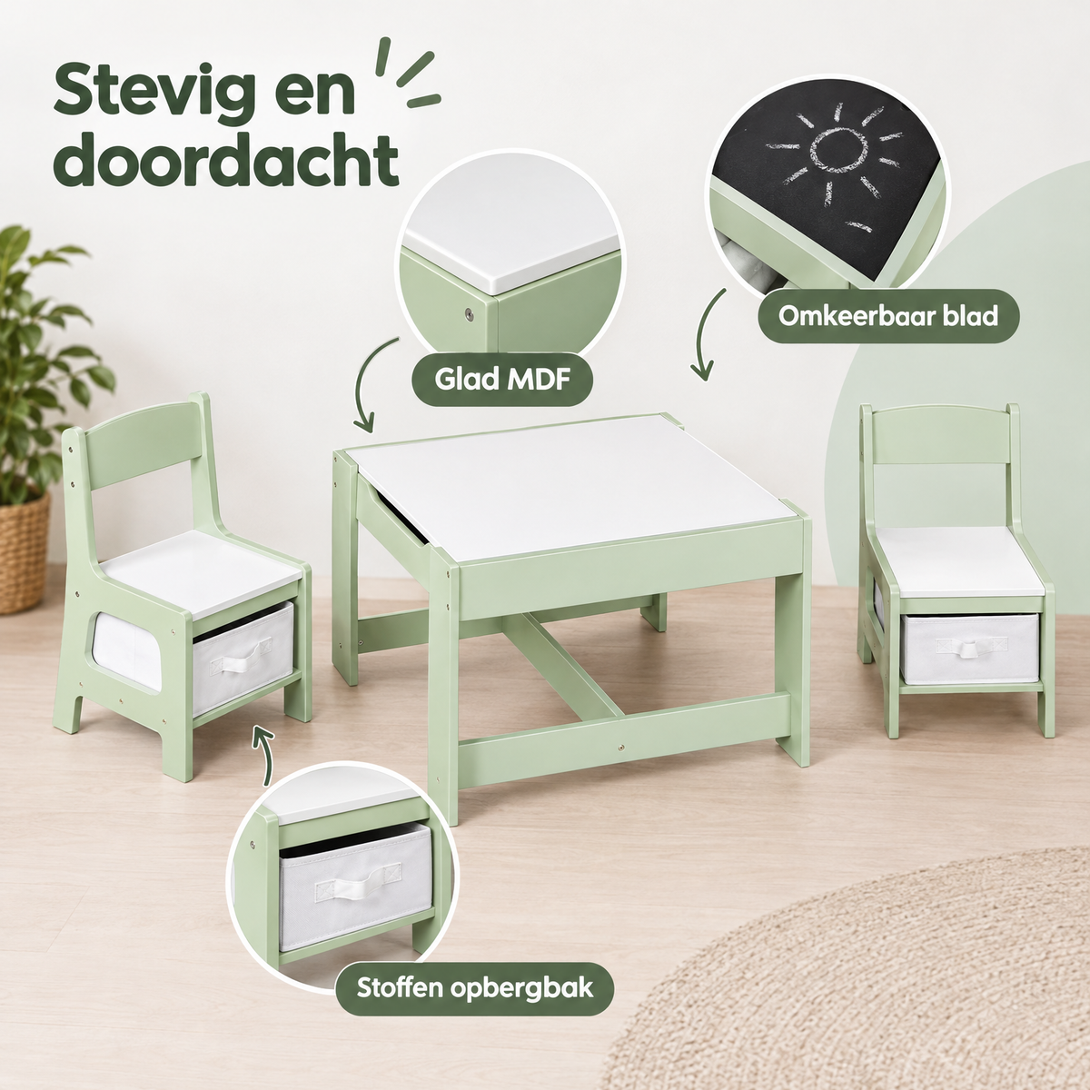 Groene en witte kindertafel met opbergruimte en 2 stoeltjes, omkeerbaar blad met krijtbord voor kinderen, van BukkitBow.
