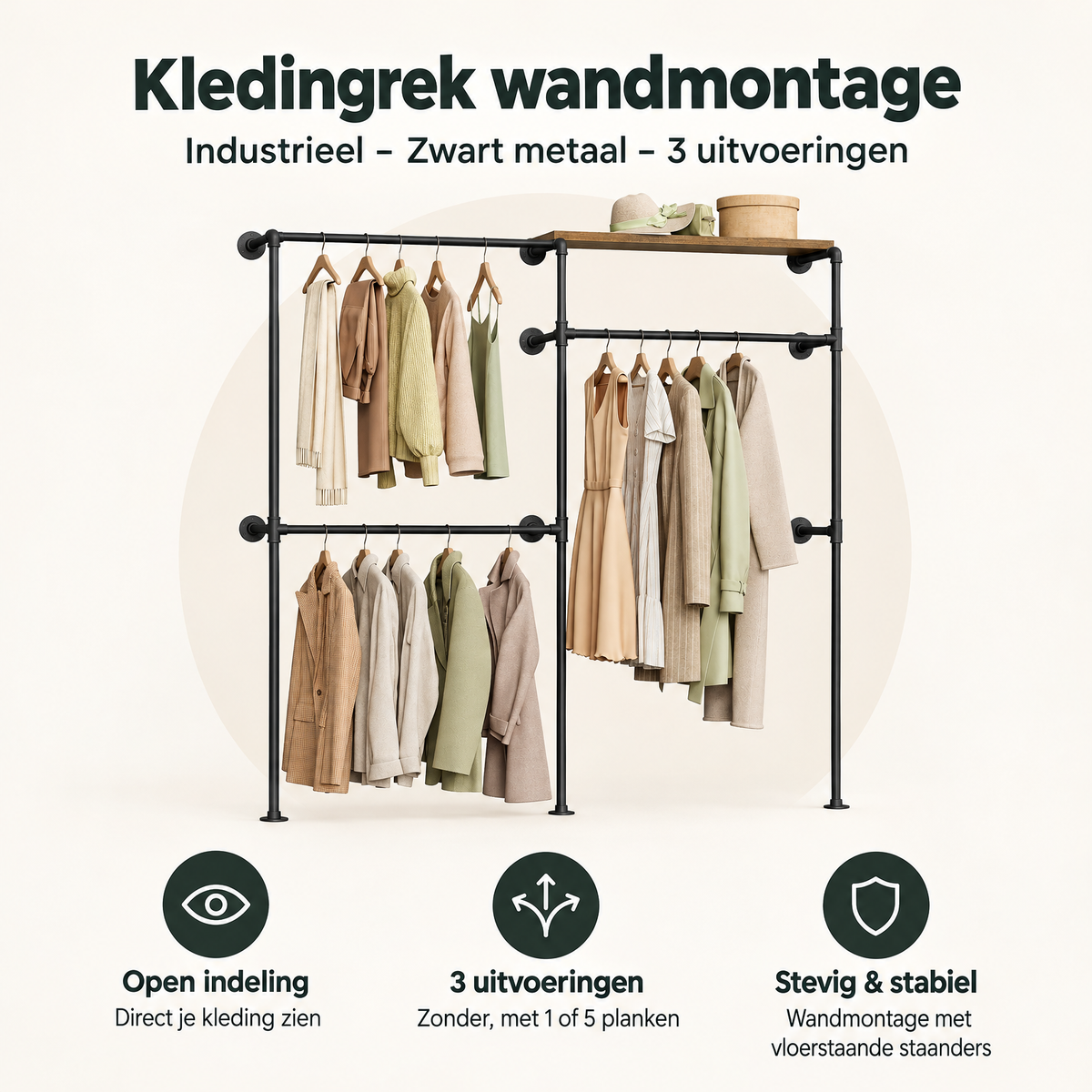 Overzicht van kledingrek wandmontage met de belangrijkste productvoordelen