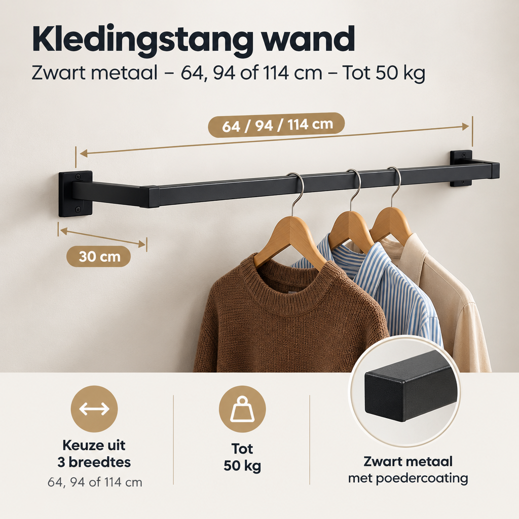 Afmetingen en productspecificaties van kledingstang wand