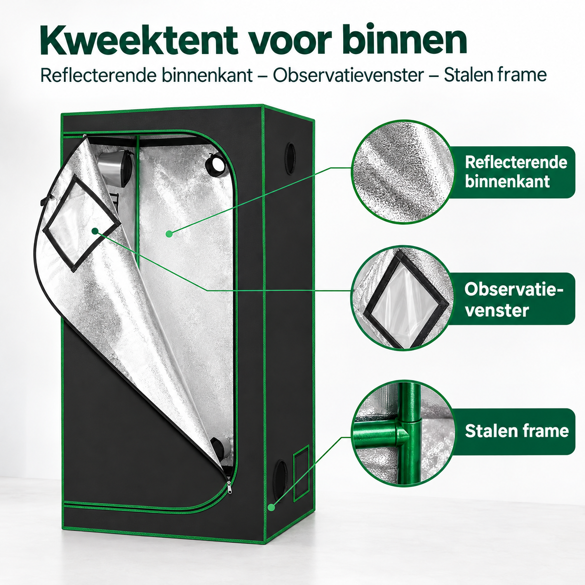 Kweektent voor binnen van BukkitBow met reflecterende binnenkant, observatievenster en stevig stalen frame.
