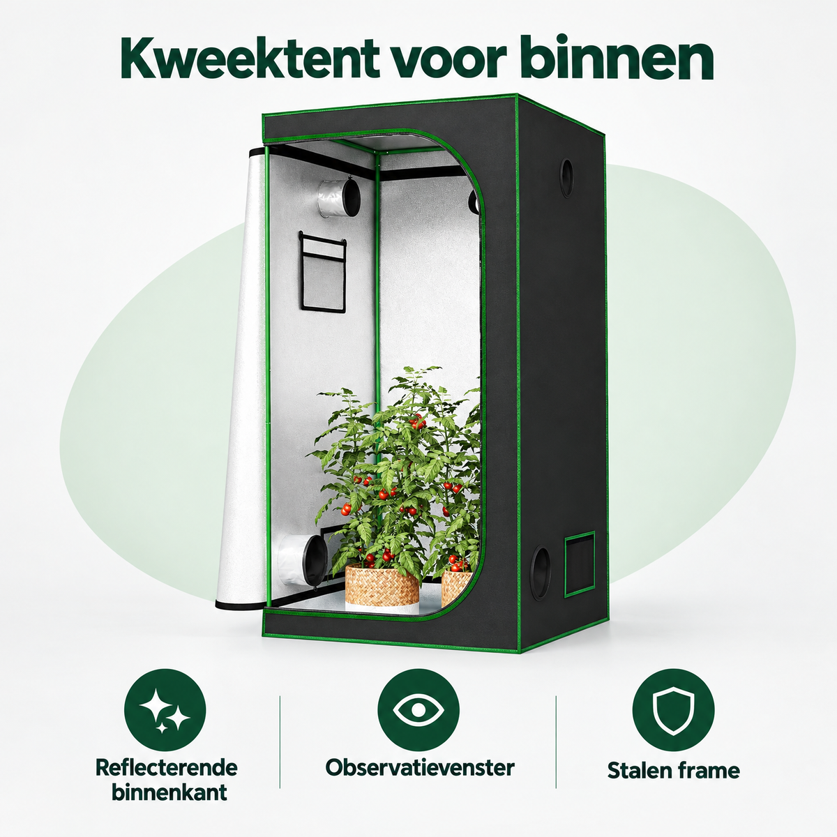 BukkitBow kweektent voor binnen met reflecterende binnenkant, observatievenster en stevig stalen frame, overzicht van kernvoordelen