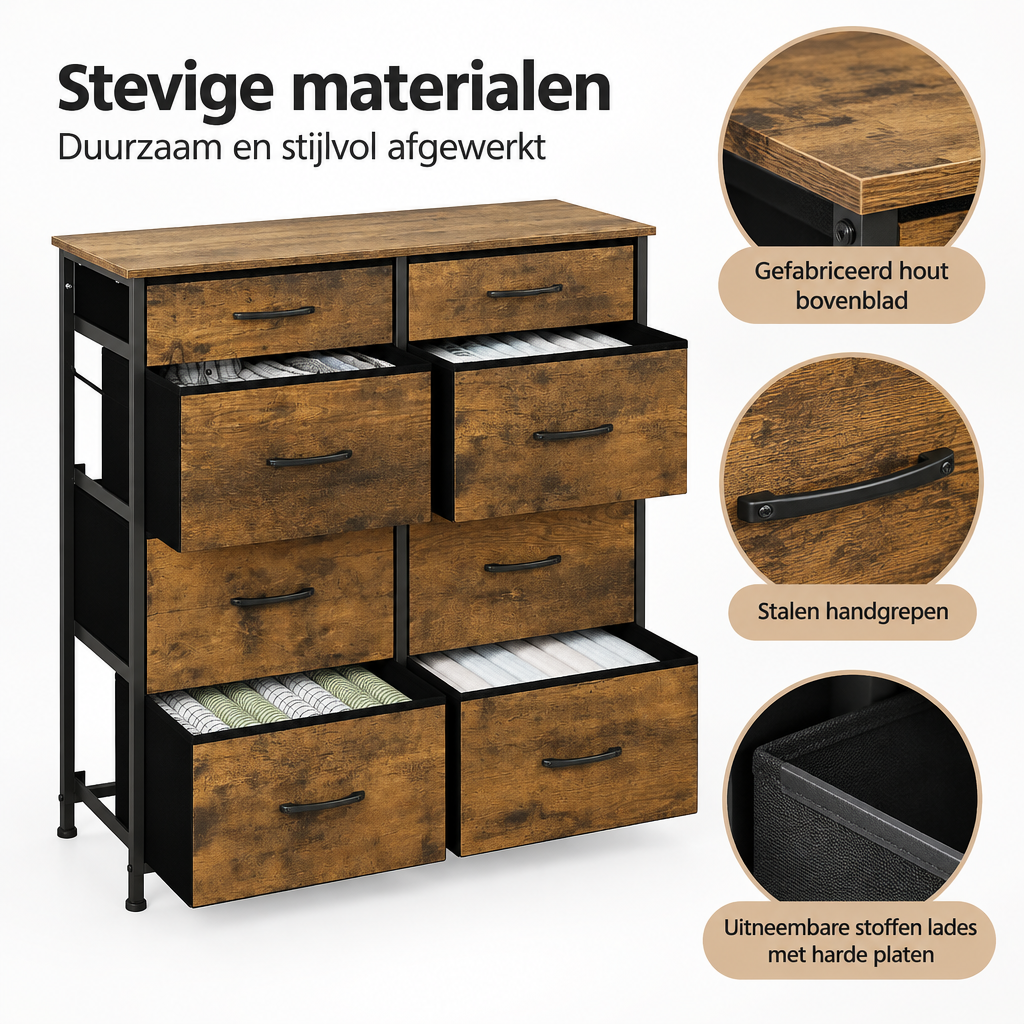Detail van materiaal en afwerking van ladekast met 8 stoffen lades