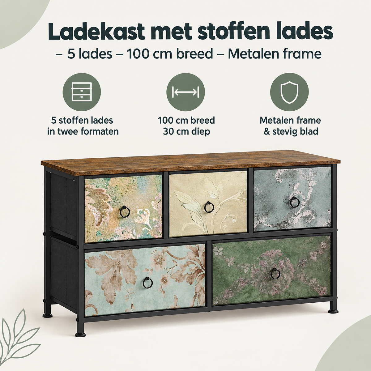 Overzicht van ladekast met stoffen lades met de belangrijkste productvoordelen