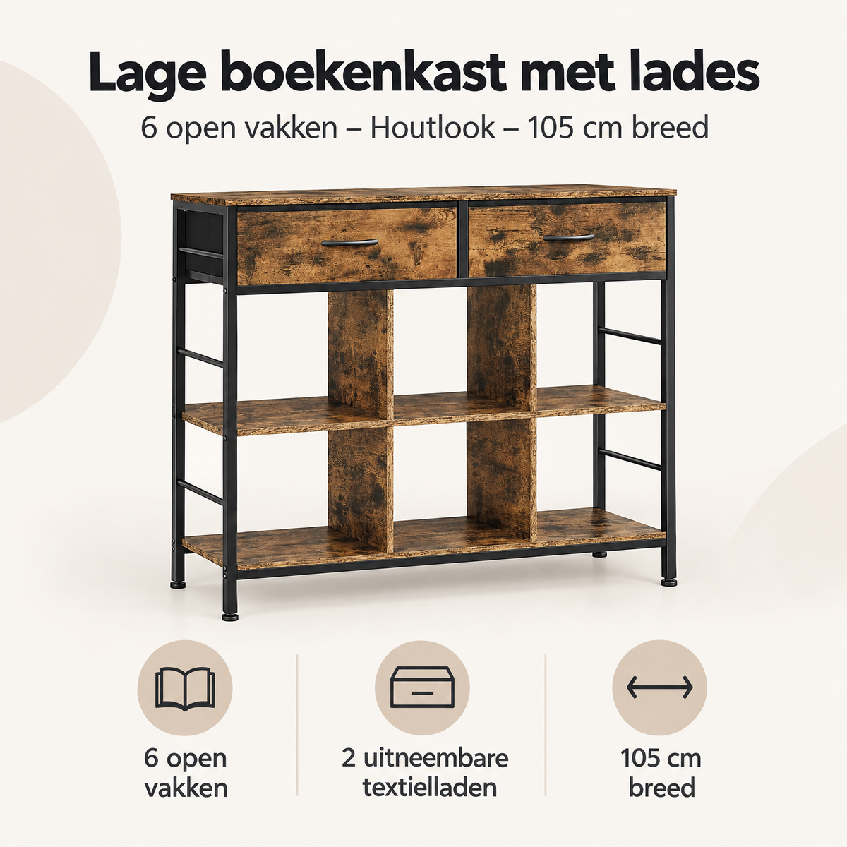 Overzicht van lage boekenkast met lades met de belangrijkste productvoordelen