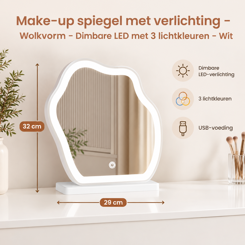 Witte make-up spiegel met dimbare LED-verlichting en 3 lichtkleuren, van BukkitBow, met wolkvorm design en handige verlichting.