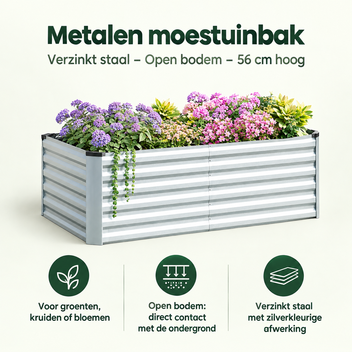 Metaal moestuinbak van verzinkt staal met open bodem, 56 cm hoog, ideaal voor tuinieren en planten.