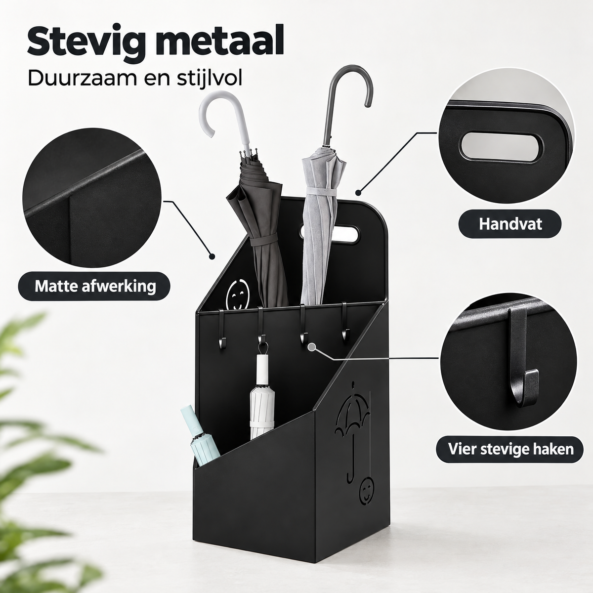 Detail van materiaal en afwerking van metalen paraplubak