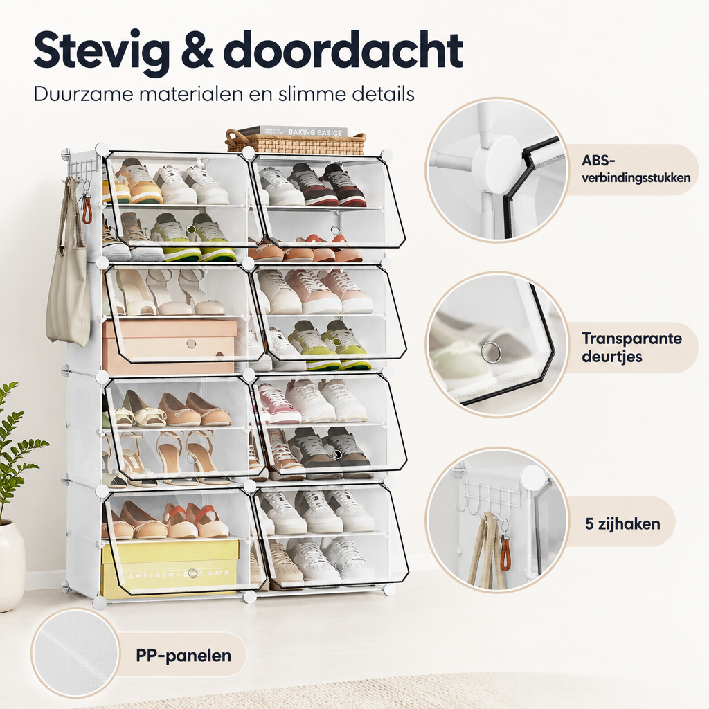 Detail van materiaal en afwerking van modulaire schoenenkast