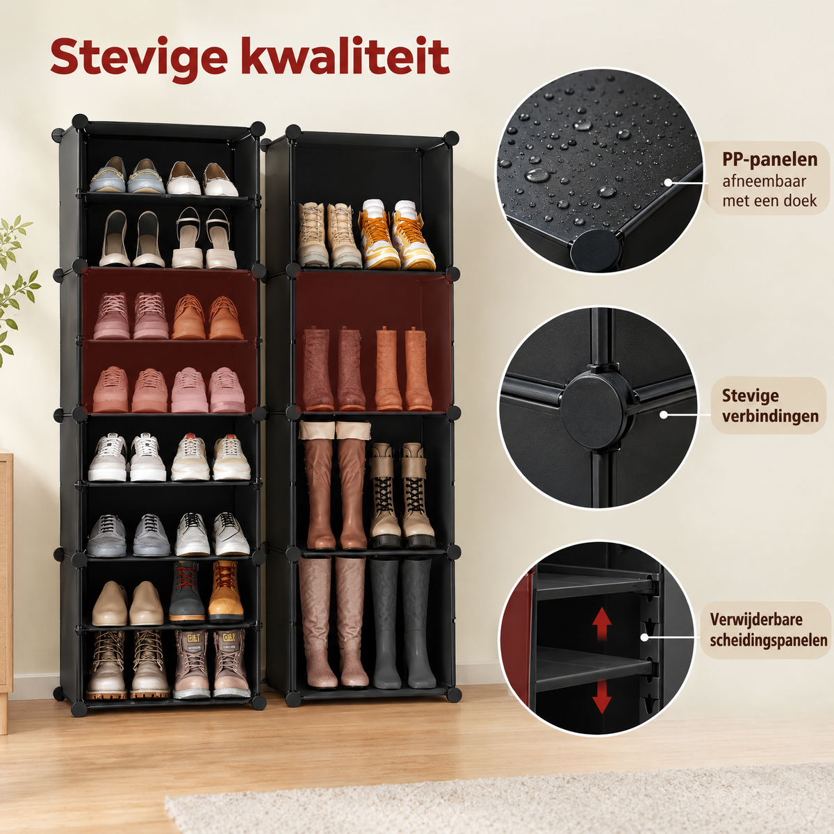 Detail van materiaal en afwerking van modulaire schoenenkast