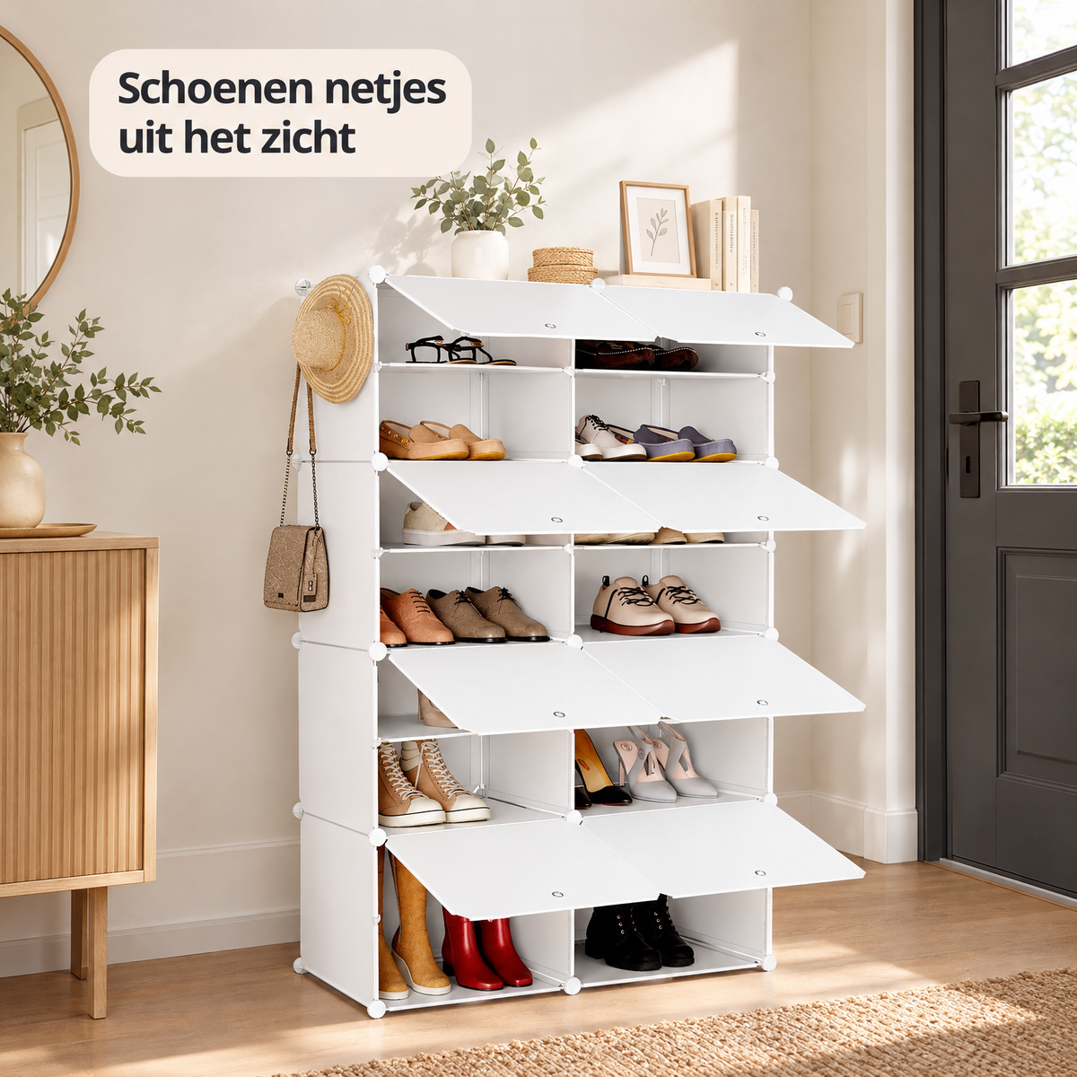 modulaire schoenenkast in gebruik in een passende praktijksituatie