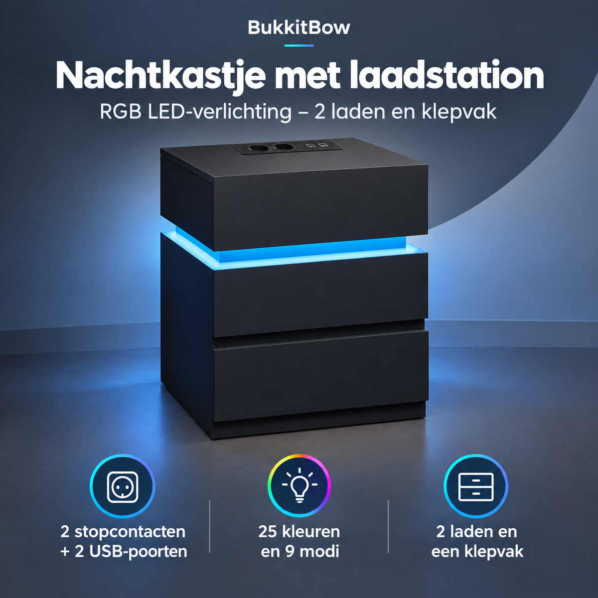 Nachtkastje met laadstation en RGB LED-verlichting van BukkitBow, twee laden en klepvak voor praktische opslag.