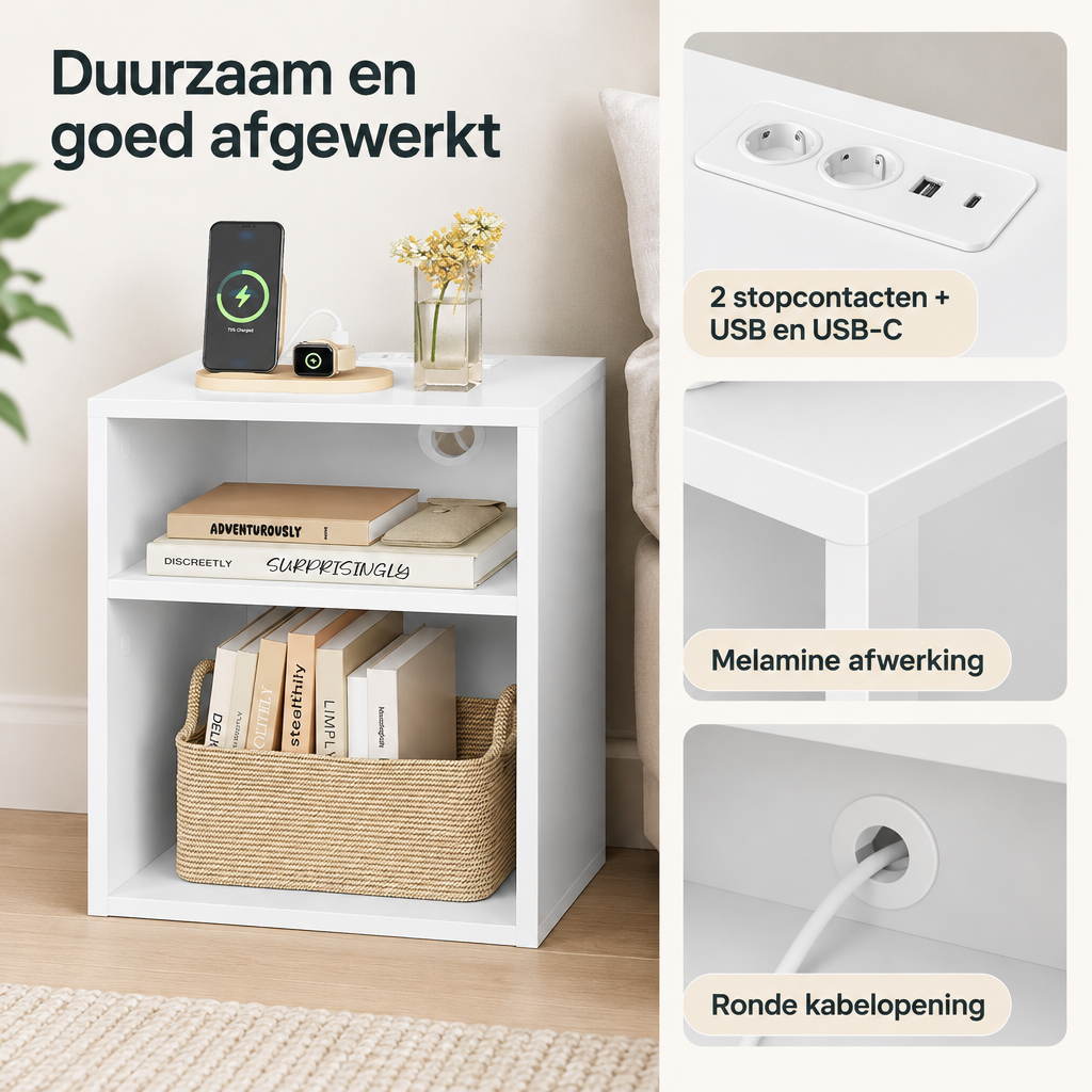Detail van materiaal en afwerking van nachtkastje met stopcontact