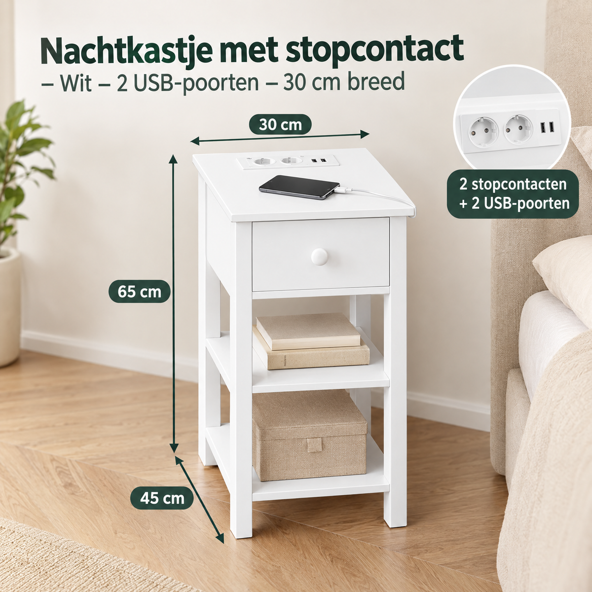 Afmetingen en productspecificaties van nachtkastje met stopcontact