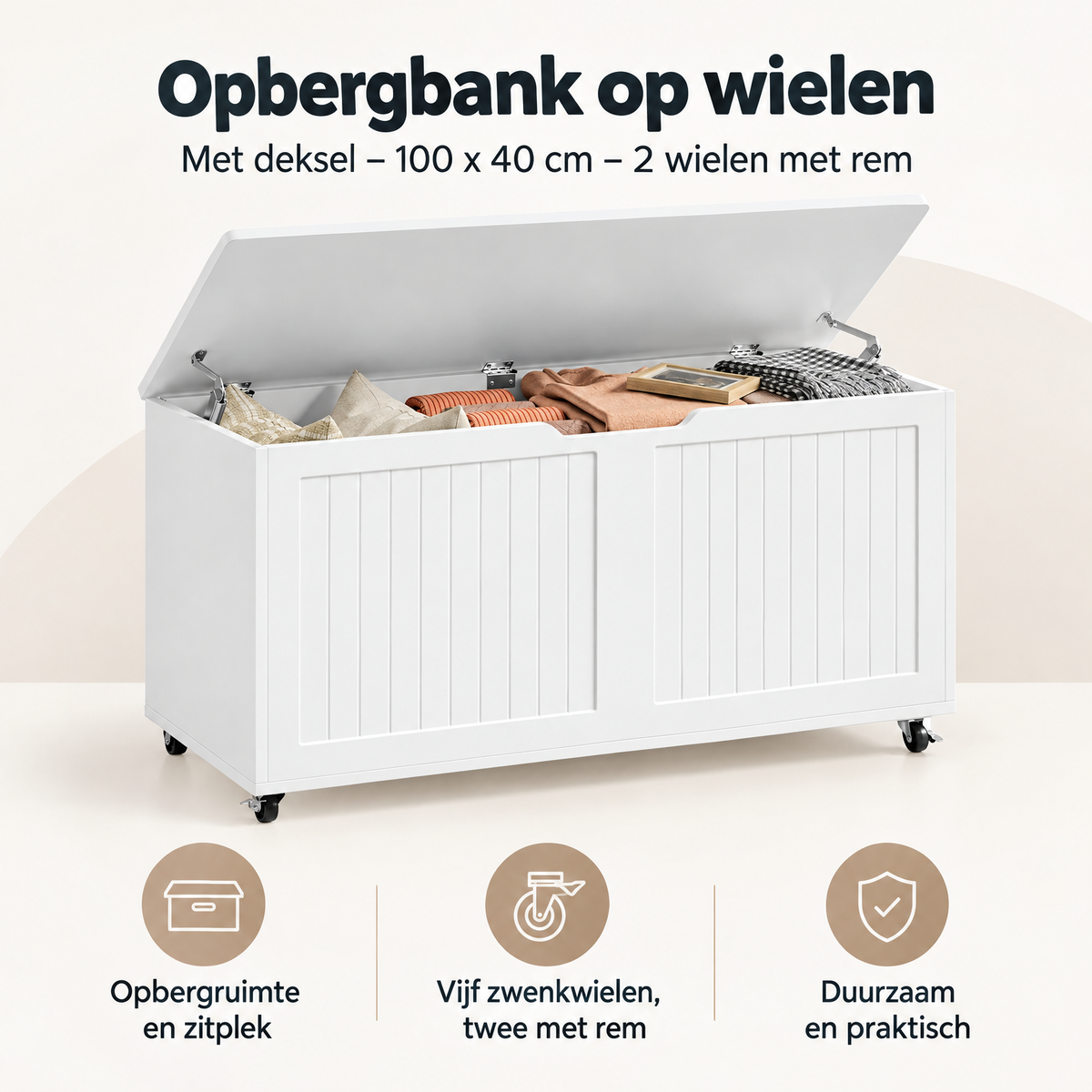 BukkitBow opbergbank op wielen met deksel, 100x40 cm, twee wielen met rem, geschikt voor opslag en organisatie.