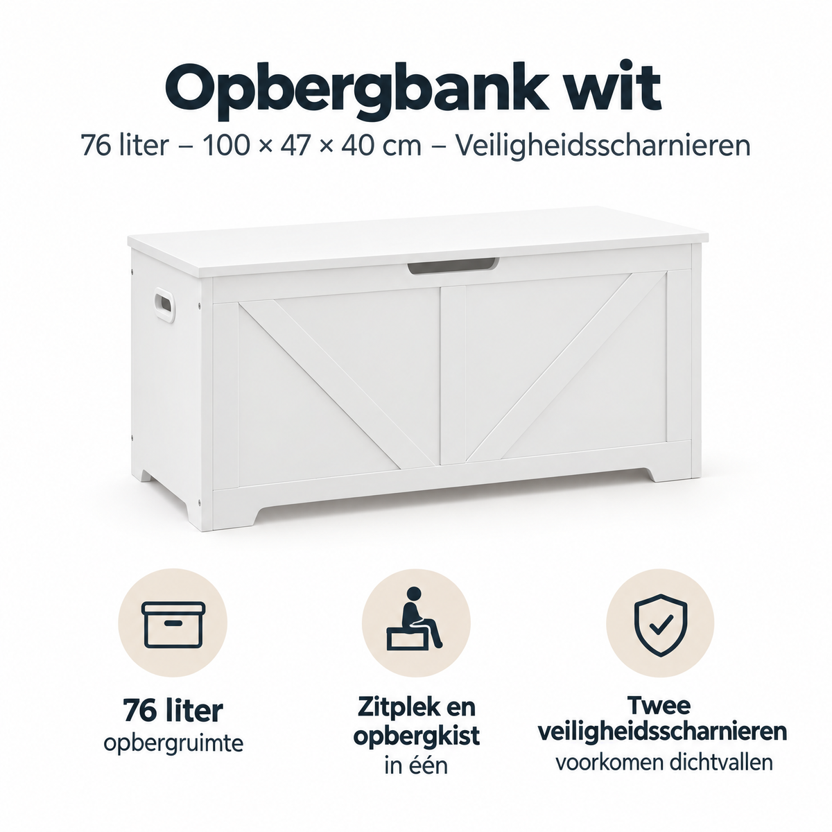 Witte BukkitBow opbergbank met veiligheidscharnieren, 76 liter inhoud, afmetingen 100x47x40 cm, stevige opbergoplossing